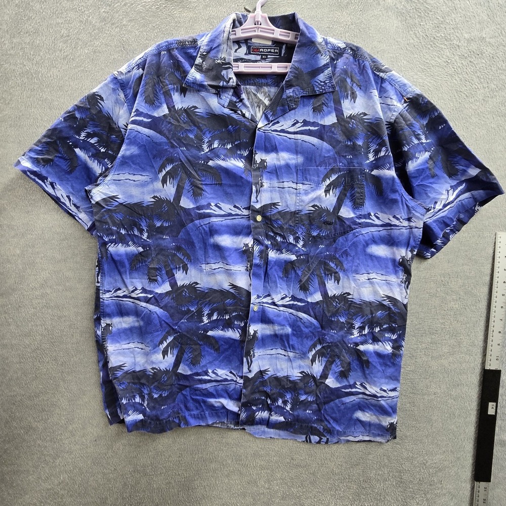 VINTAGE Roper Men Button Up Shirt XL Blue Floral Cowboy Hawaiian Western
